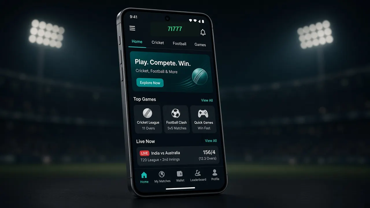 7I777 guide on a mobile phone, with the app on screen and stadium lights behind